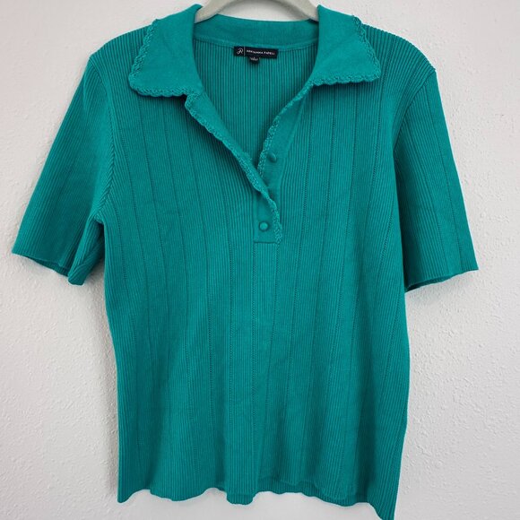 Adrianna Papell Rib Cable Short Sleeve Collar Sweater, Green, Size Medium - Picture 1 of 8